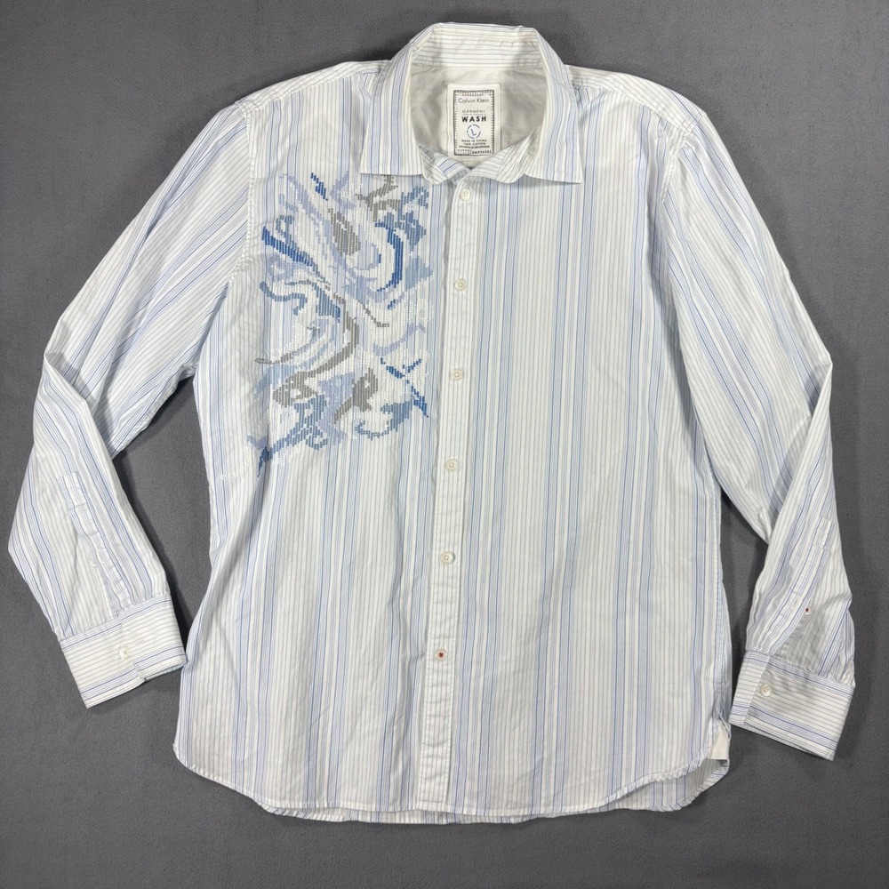 Calvin Klein Button Down Shirt Mens L Blue White Excellent Embroidered Slim Fit